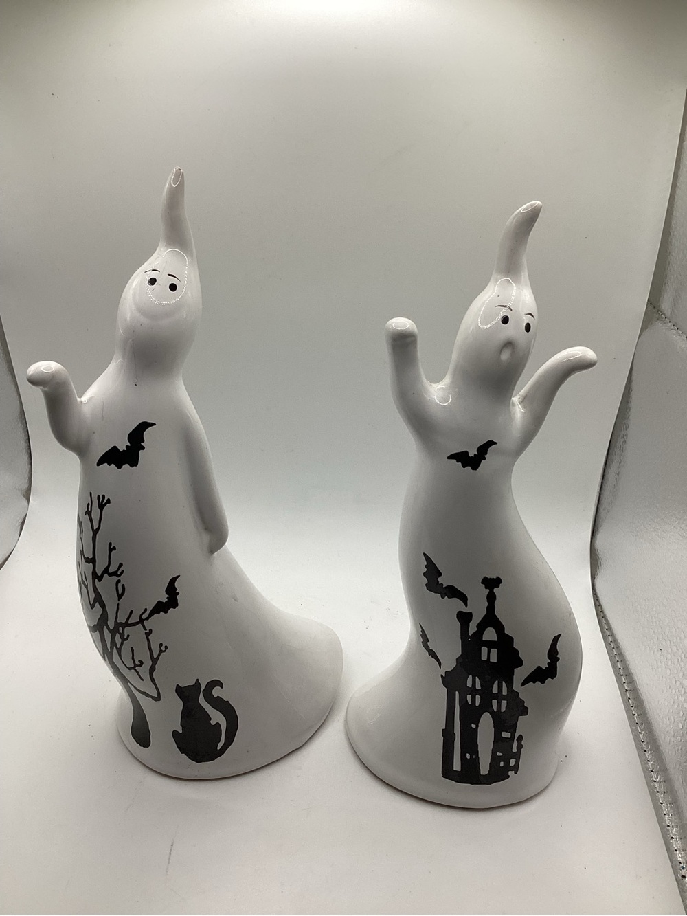 White Ceramic Ghost Pair with Black Halloween Motifs